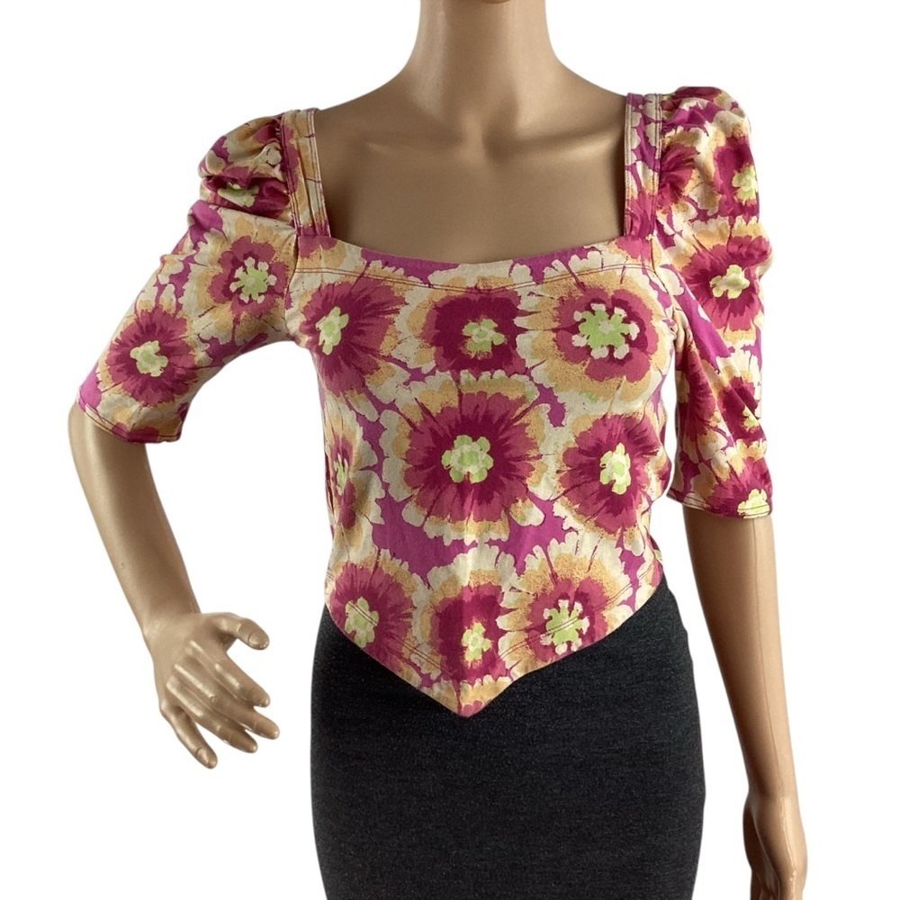 Free People Give Me More Floral Puff Sleeve Top Pink Yellow Size S